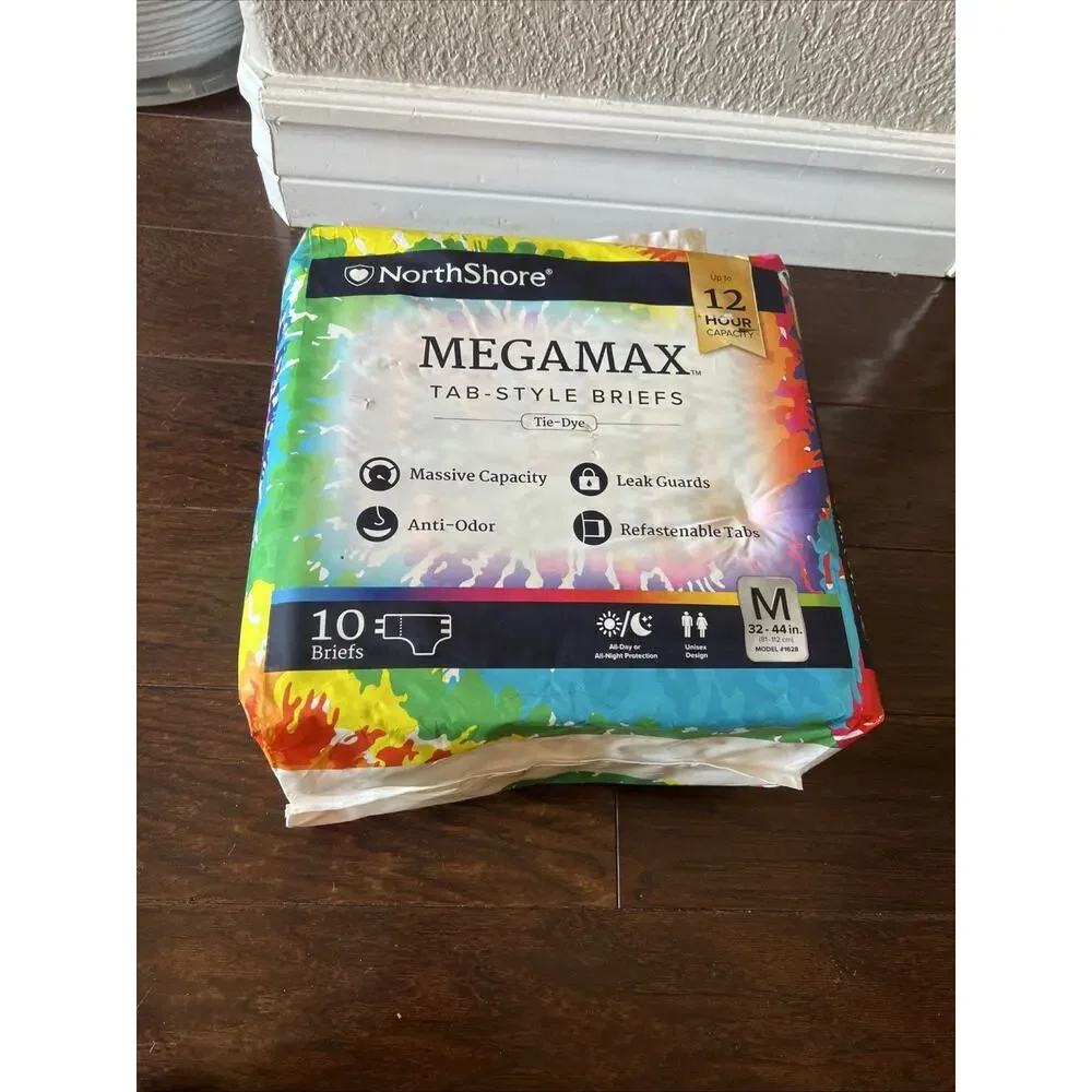 NorthShore MEGAMAX TAB-STYLE BRIEFS Tie-Dye 10 Adult Diapers Sz M 32-44in 12 Hrs